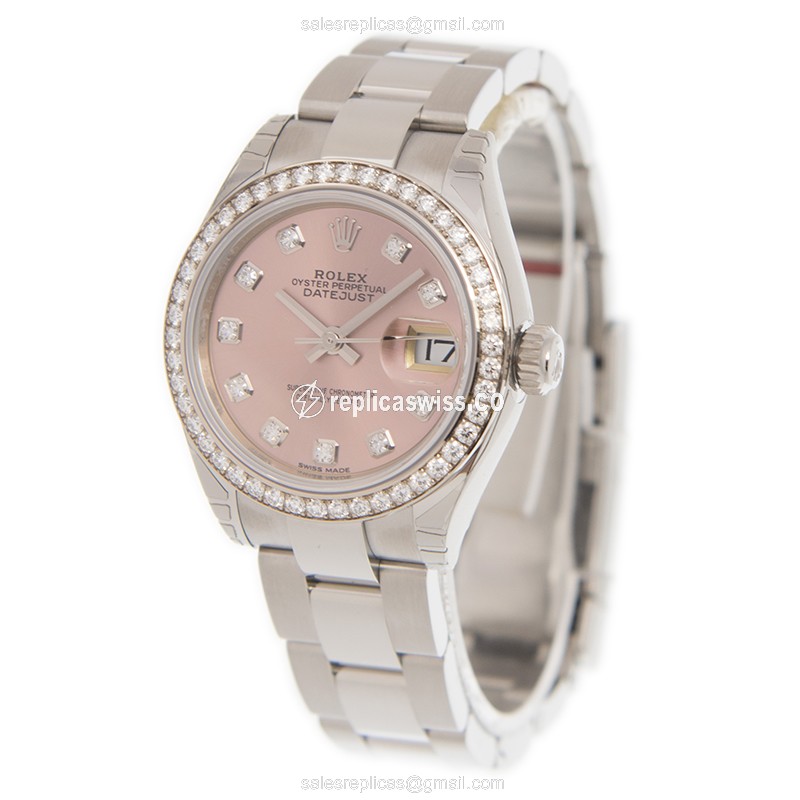 Rolex Lady Datejust Replica - Automatic - White Gold - Pink Dial - Steel Case & Strap - View 3