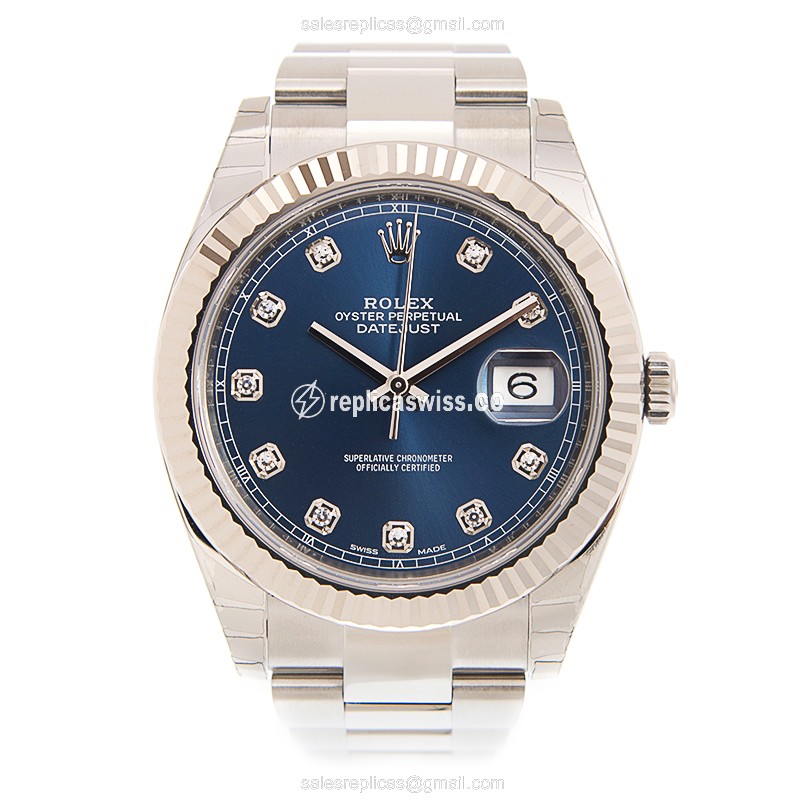 Rolex DATEJUST Replica - Automatic - White Gold & Steel - Blue Dial, Steel Clasp & Silver Strap - View 2