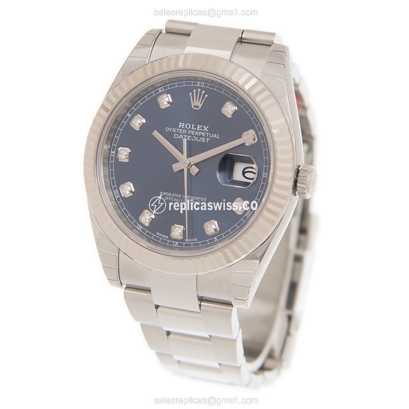 Rolex DATEJUST Replica - Automatic - White Gold & Steel - Blue Dial, Steel Clasp & Silver Strap - View 3