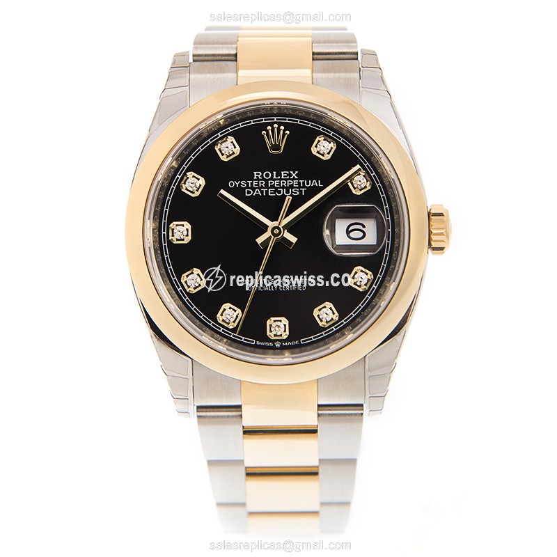 Rolex DATEJUST Replica - Automatic - 18kt Gold & Steel Case - Black Dial, Gold Clasp - View 2