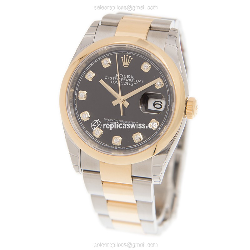 Rolex DATEJUST Replica - Automatic - 18kt Gold & Steel Case - Black Dial, Gold Clasp - View 3