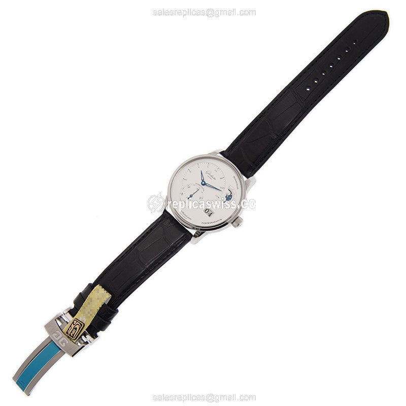 Glashutte Prima Luna Replica - Automatic - Stainless Steel - White Dial - Black Leather Strap - View 2
