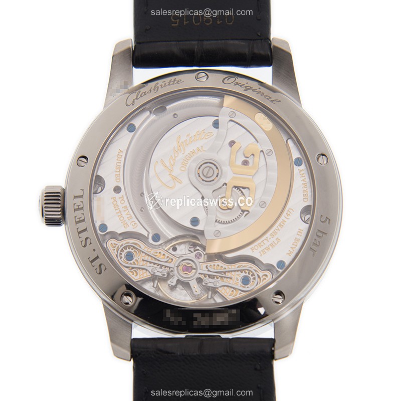 Glashutte Prima Luna Replica - Automatic - Stainless Steel - White Dial - Black Leather Strap - View 3