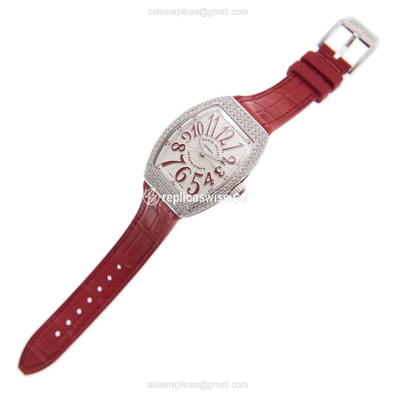Franck Muller V32 SC AT FO D - Vanguard Auto - Diamond Case - White Dial - Red Alligator Buckle - View 2