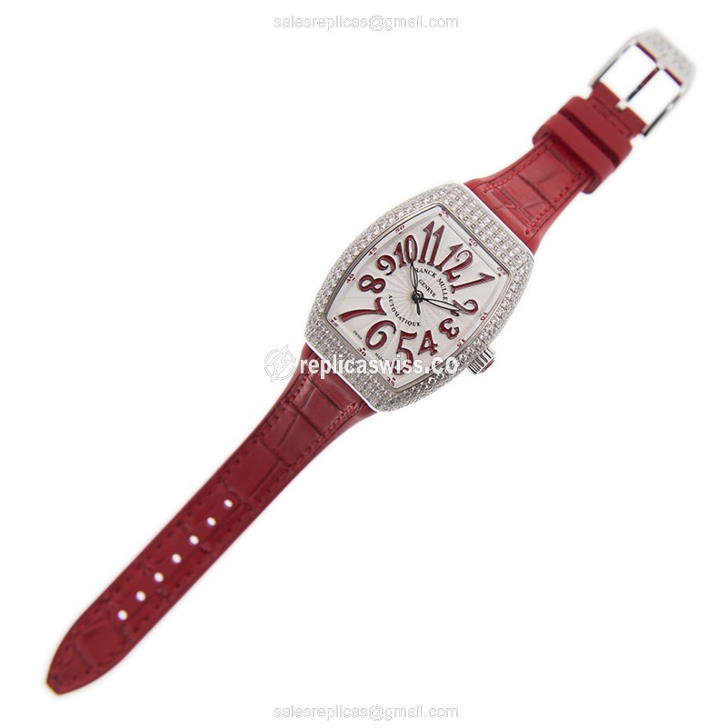 Franck Muller V 29 SC AT FO D VANGUARD Auto Stainless Diamonds White Dial Red Alligator Buckle - View 2