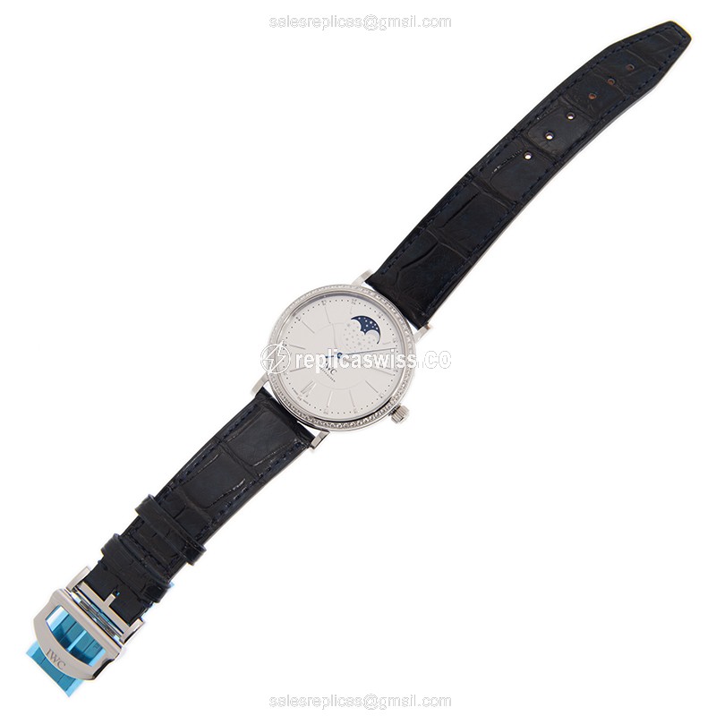 IWC Portofino Replica - Automatic - Stainless Steel & Diamond Case - Silver Dial - Blue Alligator Strap - View 2