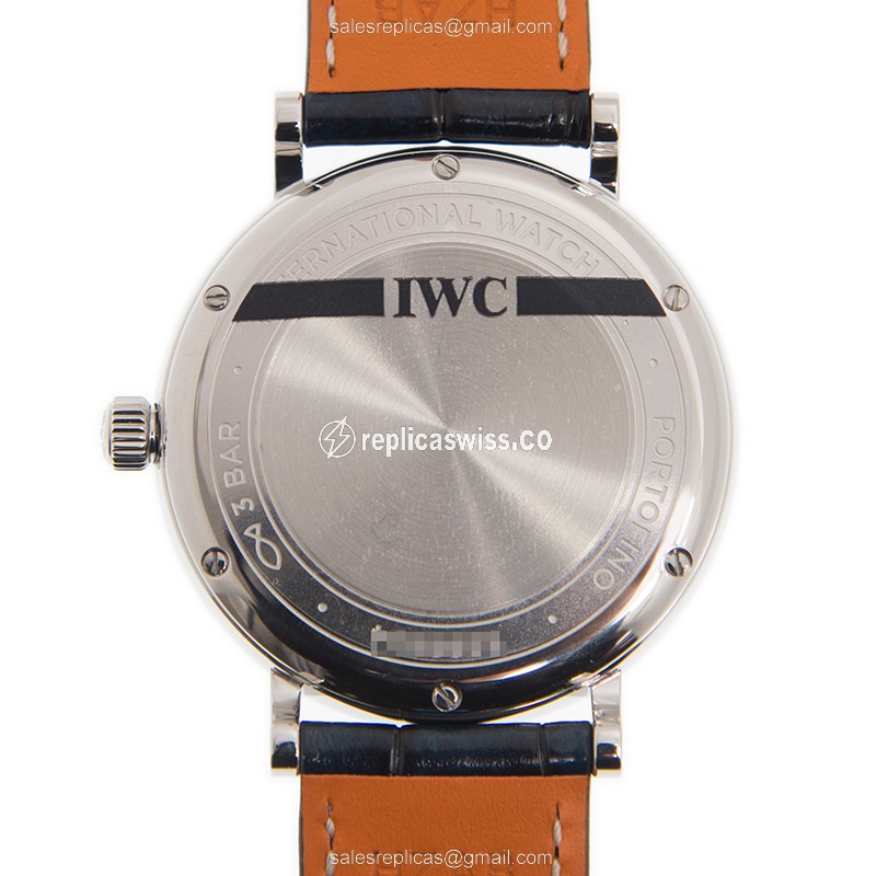 IWC Portofino Replica - Automatic - Stainless Steel & Diamond Case - Silver Dial - Blue Alligator Strap - View 3