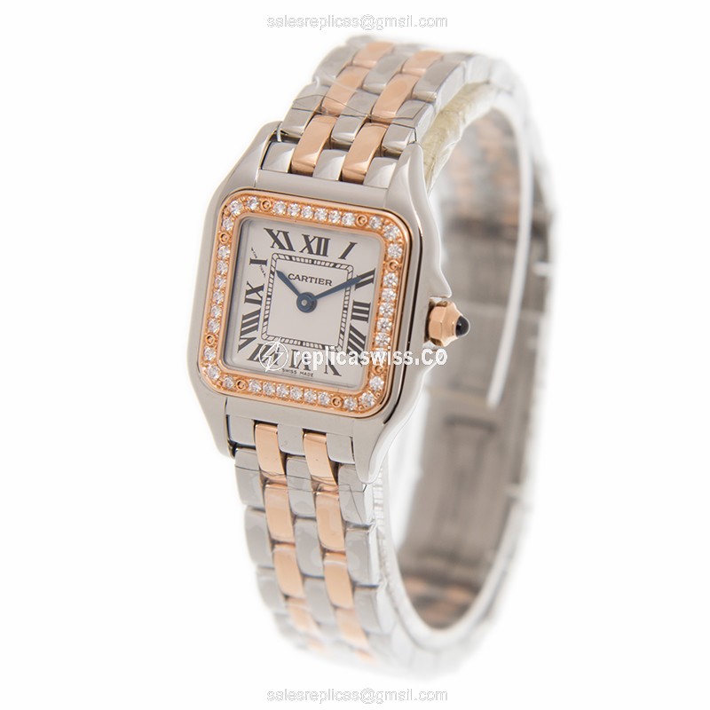 Cartier W3PN0006 PANTHeRE - Quartz - 18kt Rose - Diamond - White Dial - Gold Clasp & Steel Strap - View 3