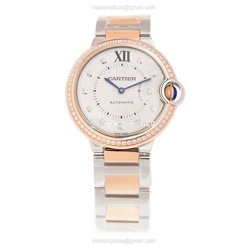 Cartier Ballon Bleu Replica - Automatic - 18kt Rose - Diamond - White Dial - Gold Clasp - View 2