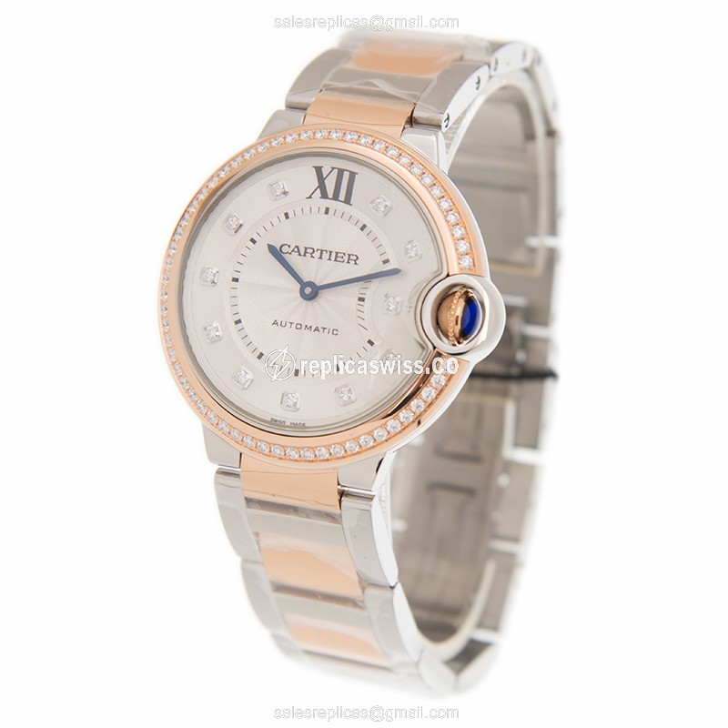 Cartier Ballon Bleu Replica - Automatic - 18kt Rose - Diamond - White Dial - Gold Clasp - View 3