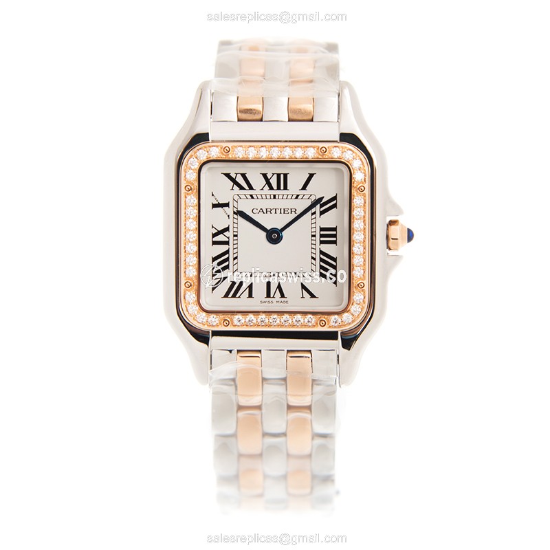 Cartier PANTHeRE Quartz - 18kt Rose & Steel - White Dial - Gold Strap - View 2