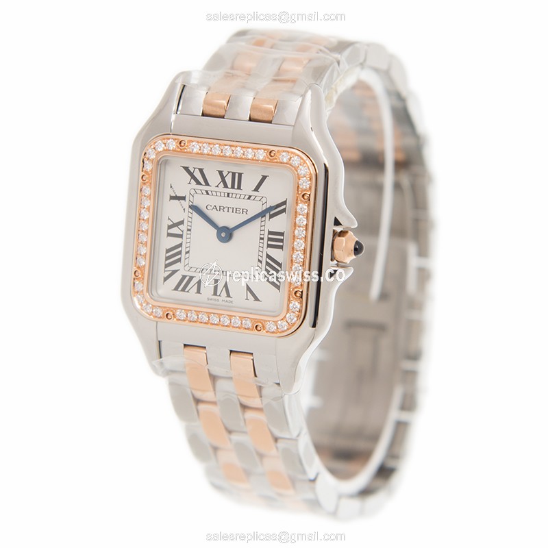 Cartier PANTHeRE Quartz - 18kt Rose & Steel - White Dial - Gold Strap - View 3