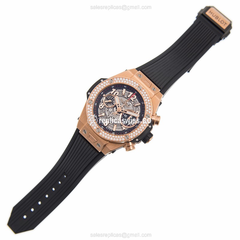 Hublot BIG BANG Replica - Automatic - 18kt Rose Gold - Diamonds - Black Dial - Rubber Strap - View 2
