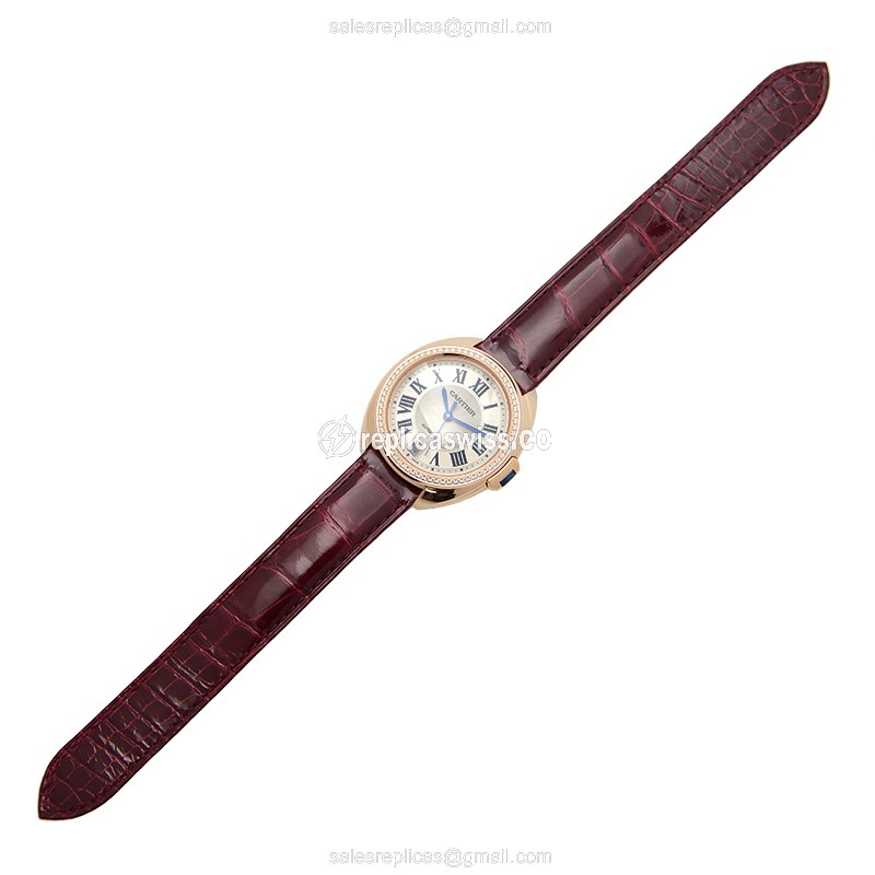 Cartier WJCL0013 CLe DE CARTIER Replica - Automatic - 18kt Rose Gold - Diamonds - White Dial - Red Alligator Strap - View 2