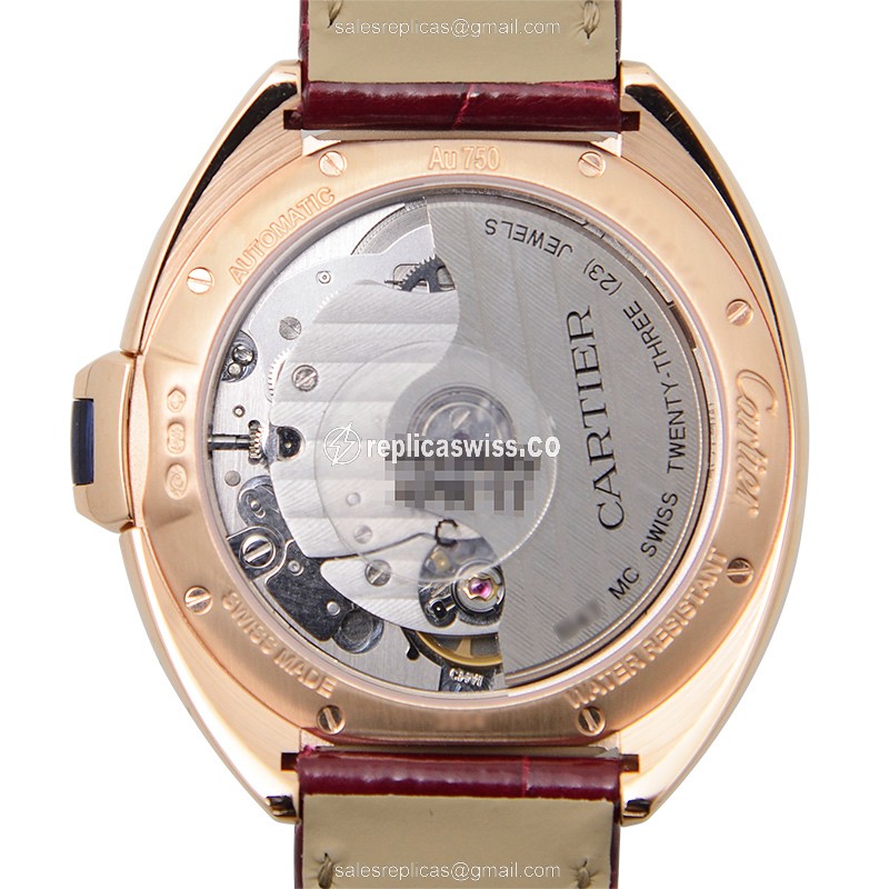 Cartier WJCL0013 CLe DE CARTIER Replica - Automatic - 18kt Rose Gold - Diamonds - White Dial - Red Alligator Strap - View 3
