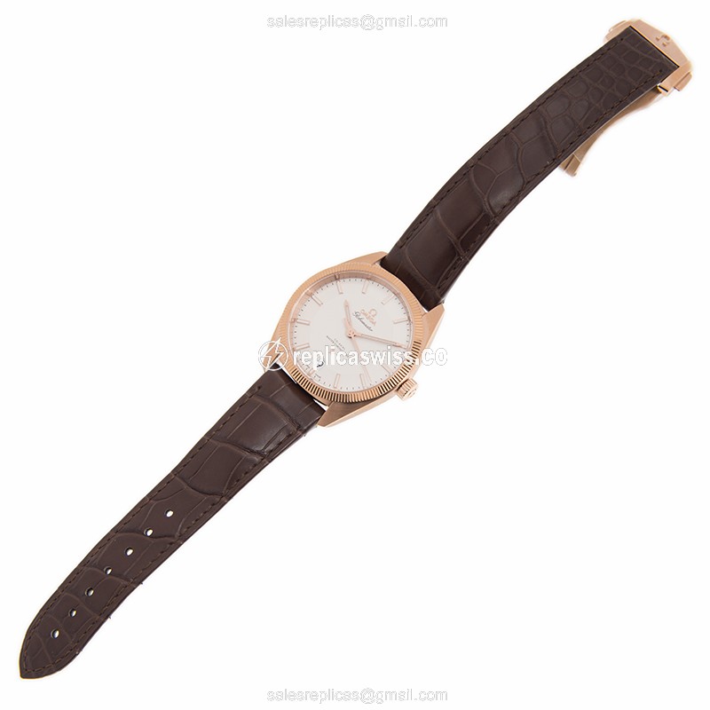 Omega Constellation Replica - Automatic 18kt Rose Gold - White Dial - Brown Leather Strap - View 2