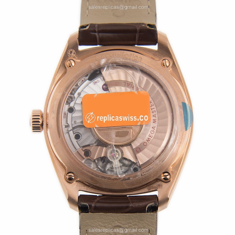 Omega Constellation Replica - Automatic 18kt Rose Gold - White Dial - Brown Leather Strap - View 3