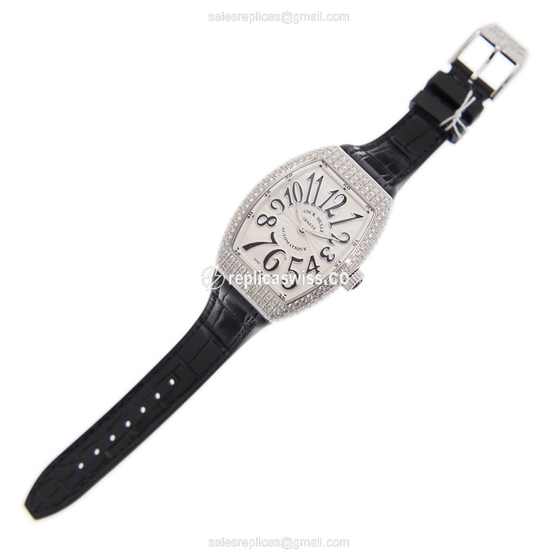Franck Muller V 35 SC AT FO D Automatic - Diamond Case - White Dial - Black Alligator Strap - View 2