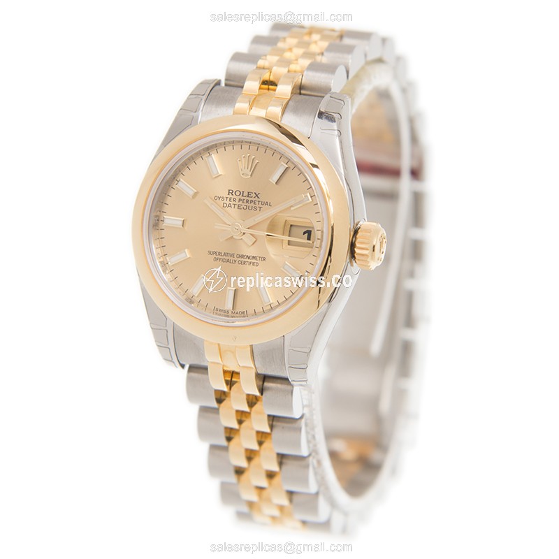 Rolex Datejust Lady Replica - Automatic - 18kt Gold Case & Strap - Gold Dial - View 3