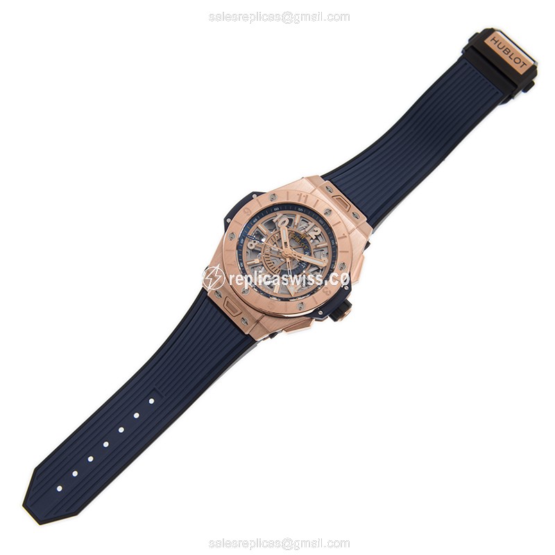 Hublot BIG BANG Replica - Automatic 18kt Rose Gold - Gold Dial - Blue Rubber Strap - View 2