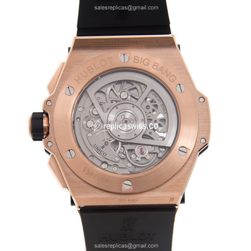 Hublot BIG BANG Replica - Automatic 18kt Rose Gold - Gold Dial - Blue Rubber Strap - View 3