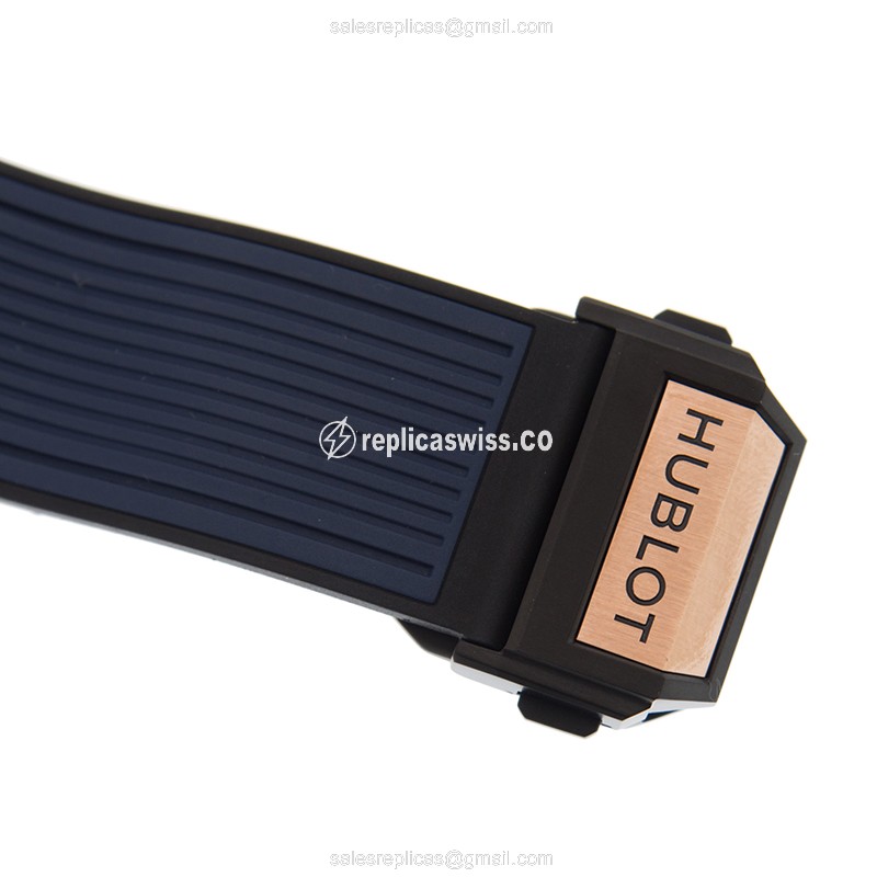 Hublot BIG BANG Replica - Automatic 18kt Rose Gold - Gold Dial - Blue Rubber Strap - View 4