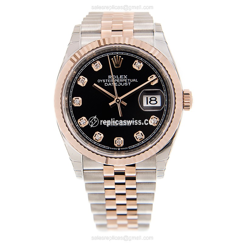 Rolex Datejust Replica - Automatic - 18kt Rose Gold & Steel Case - Black Dial on Gold Strap - View 2