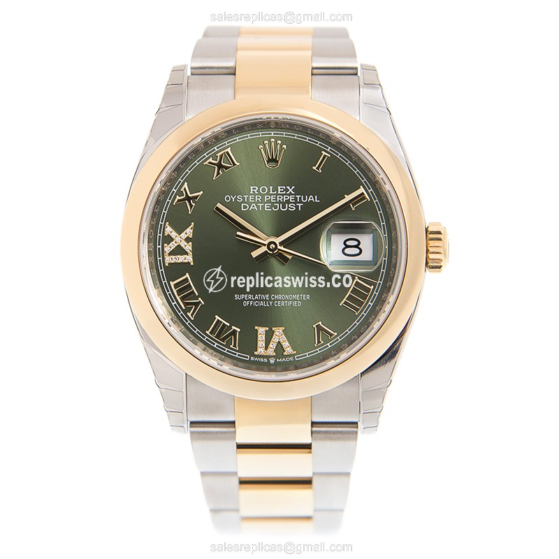 Rolex DATEJUST Replica - Automatic - Green Dial, Gold Case - Steel Gold Strap - View 2