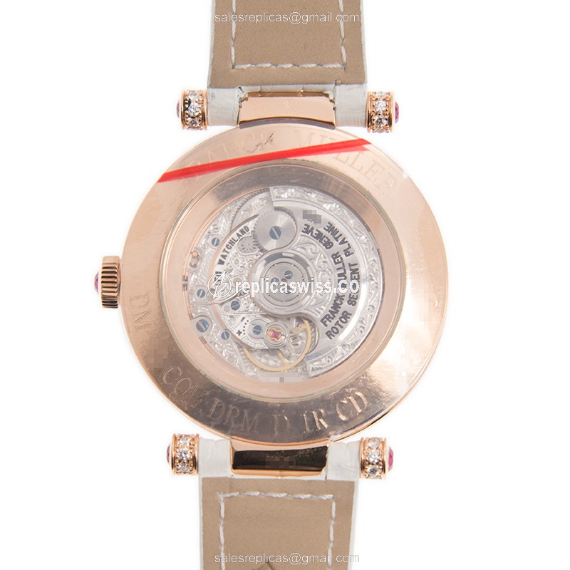 Franck Muller DM42 COL DRMD 1R CD - Auto 18kt Rose Gold & Diamond Dial - Silver Buckle Alligator White Strap - View 3