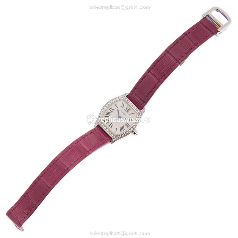 Cartier Tortue Replica - Manual - 18kt White Gold - Silver Dial - Red Alligator Strap - View 2