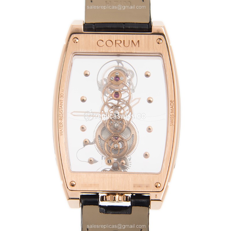 Corum Bridge Replica - Manual Wind - 18kt Rose Gold - Transparent - Black Alligator Strap - View 3