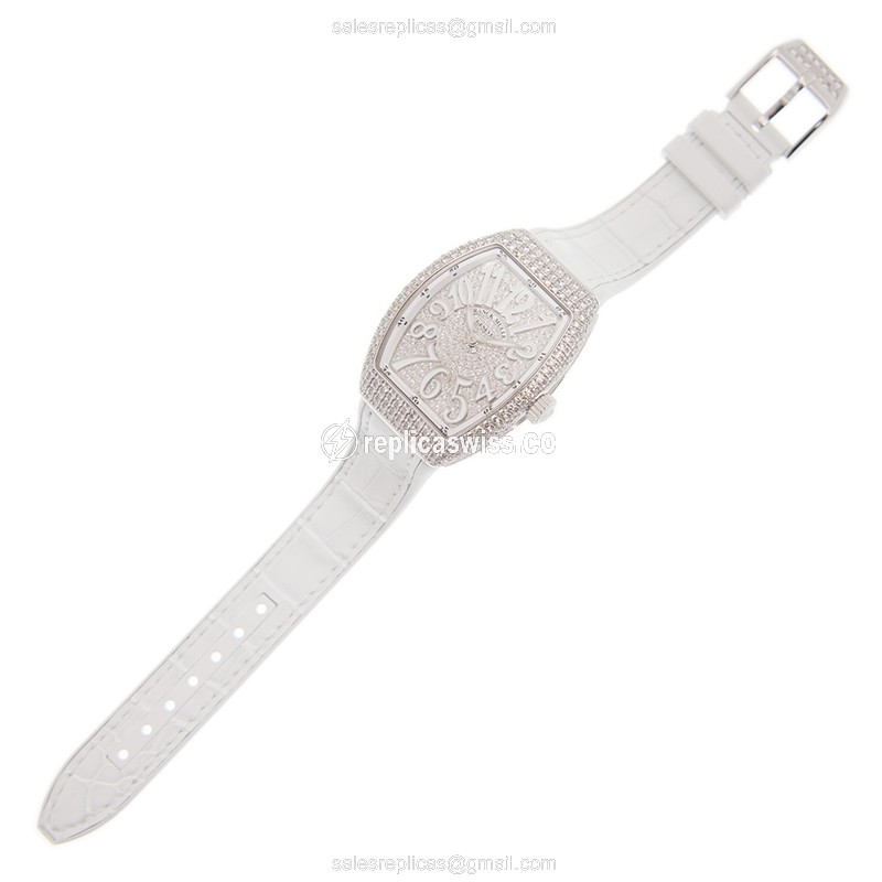 Franck Muller Vanguard Quartz 18kt White Gold - Diamond Dial - Silver - Alligator White Strap - View 2