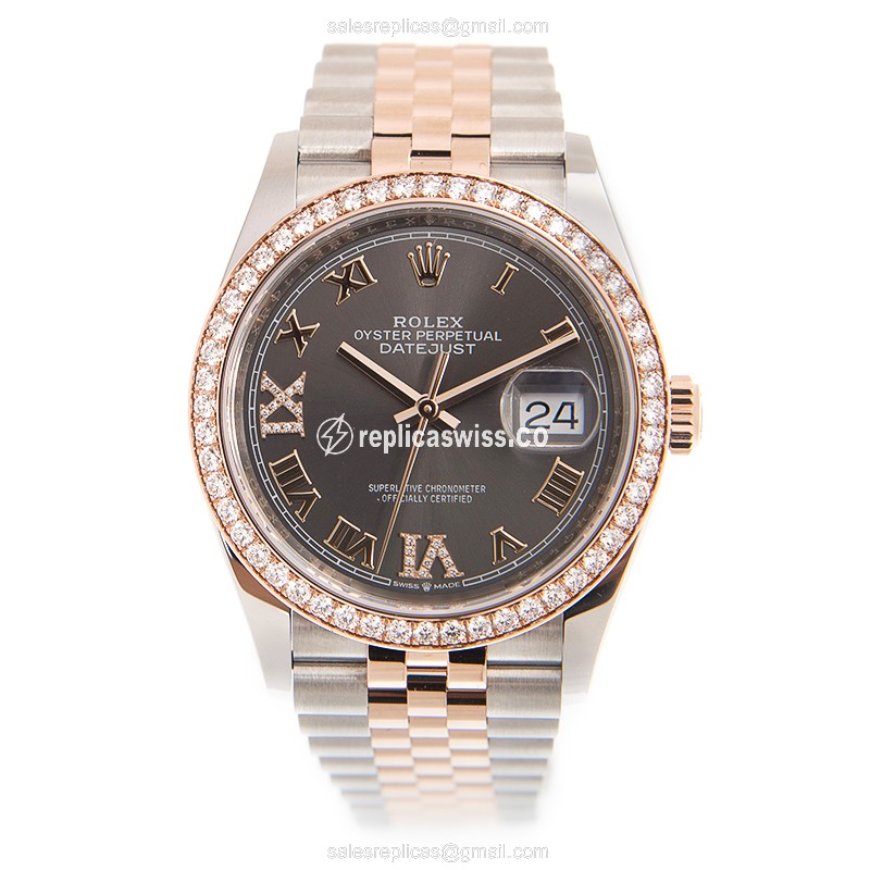 Rolex Datejust Replica - Automatic - 18kt Rose - Diamond Bezel - Gray Dial - View 2