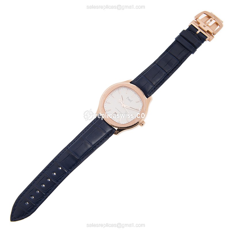 Piaget Polo Replica - Automatic - 18kt Rose Gold - White Dial - Blue Alligator Strap - View 2