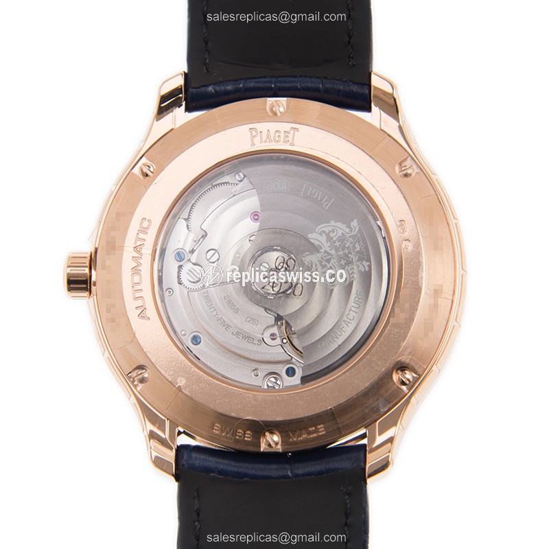 Piaget Polo Replica - Automatic - 18kt Rose Gold - White Dial - Blue Alligator Strap - View 3