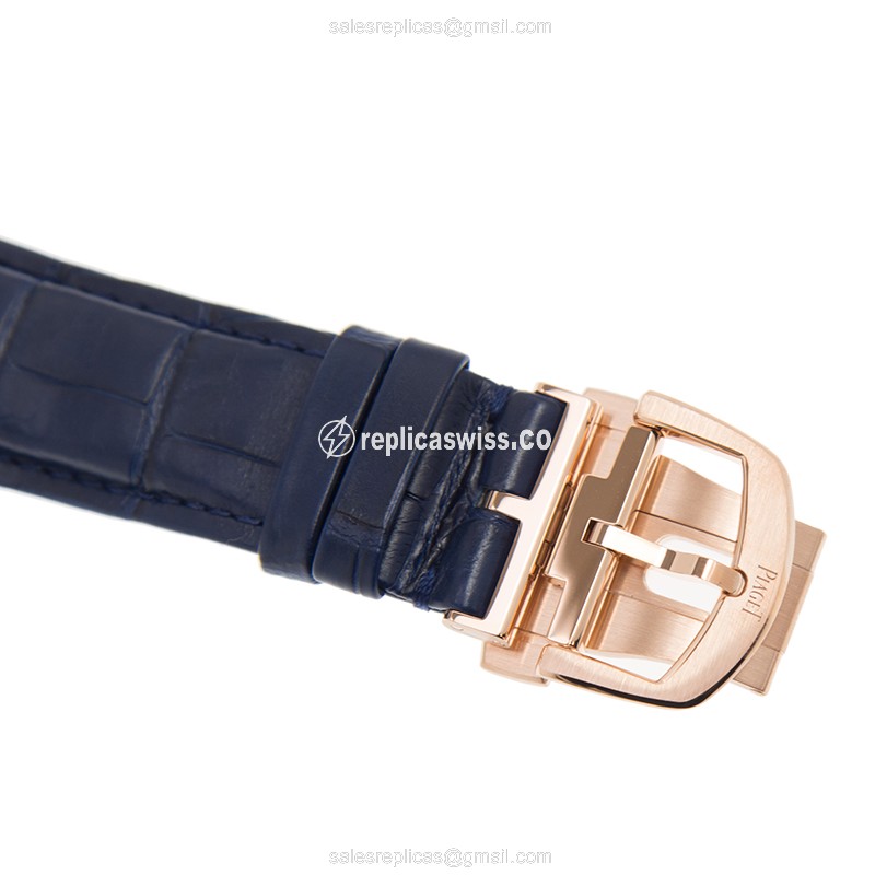 Piaget Polo Replica - Automatic - 18kt Rose Gold - White Dial - Blue Alligator Strap - View 4