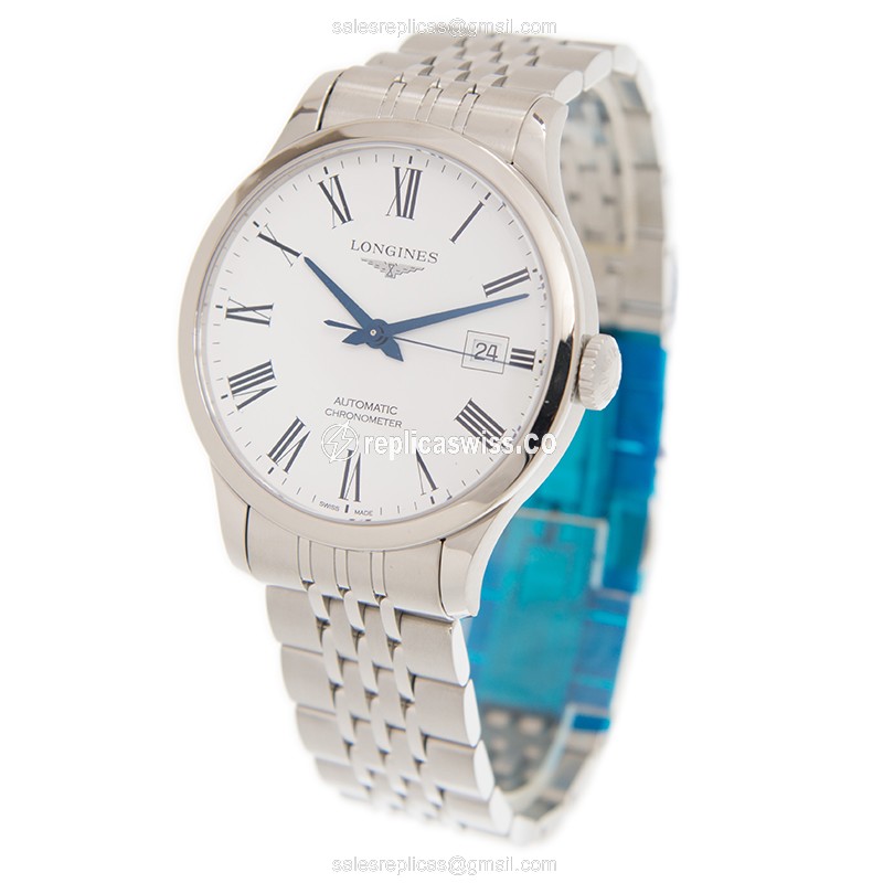 Longines RECORD Replica - Automatic - Stainless Steel - White Dial, Silver Clasp - View 3