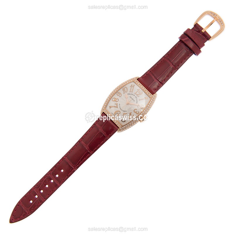 Franck Muller 7500 SC AT FO REL D 5N Art Deco - Automatic - 18kt Rose Gold Case - White Dial on Red Alligator Strap - View 2