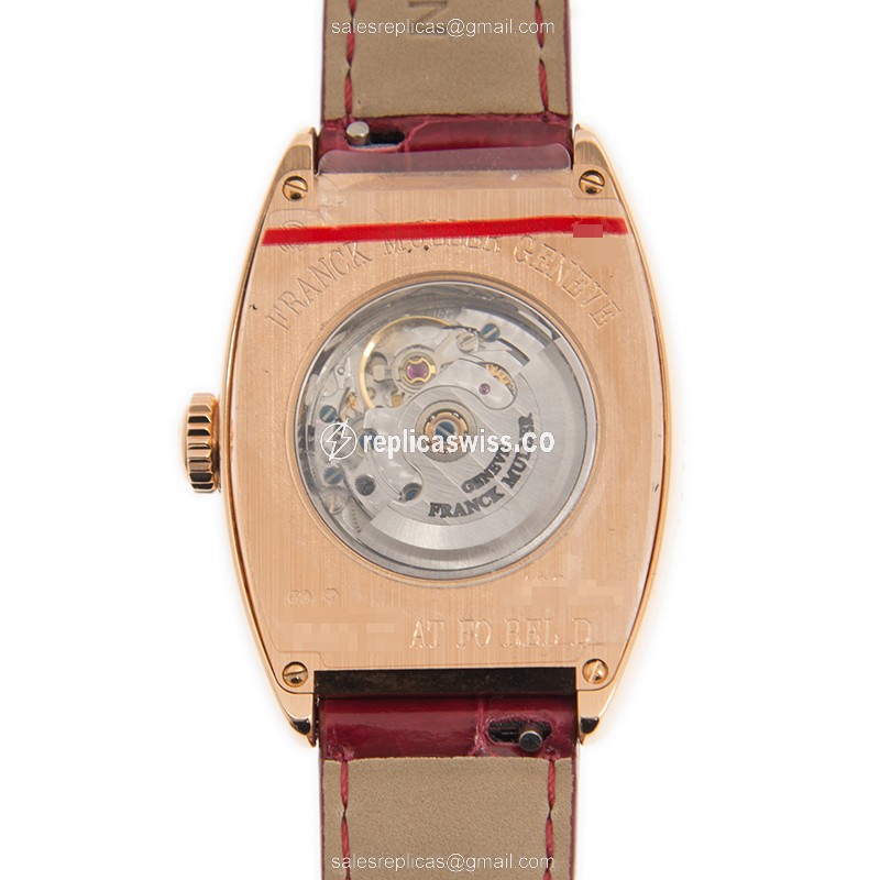 Franck Muller 7500 SC AT FO REL D 5N Art Deco - Automatic - 18kt Rose Gold Case - White Dial on Red Alligator Strap - View 3