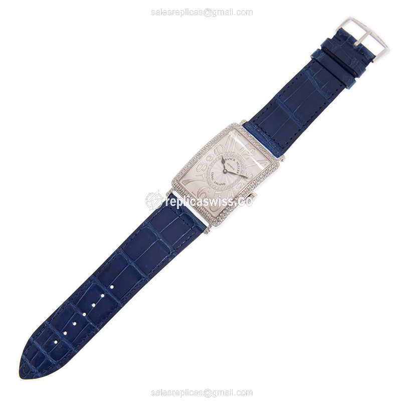Franck Muller LONG ISLAND Replica - Automatic - 18kt White Gold - Diamond - Blue Leather Strap - View 2