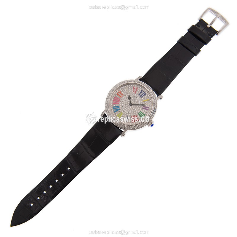 Franck Muller 8038QZCOLDRMRDCDOG - Round Quartz - 18kt White Gold - Diamond - Silver Dial - Leather Strap - Black Buckle - View 2