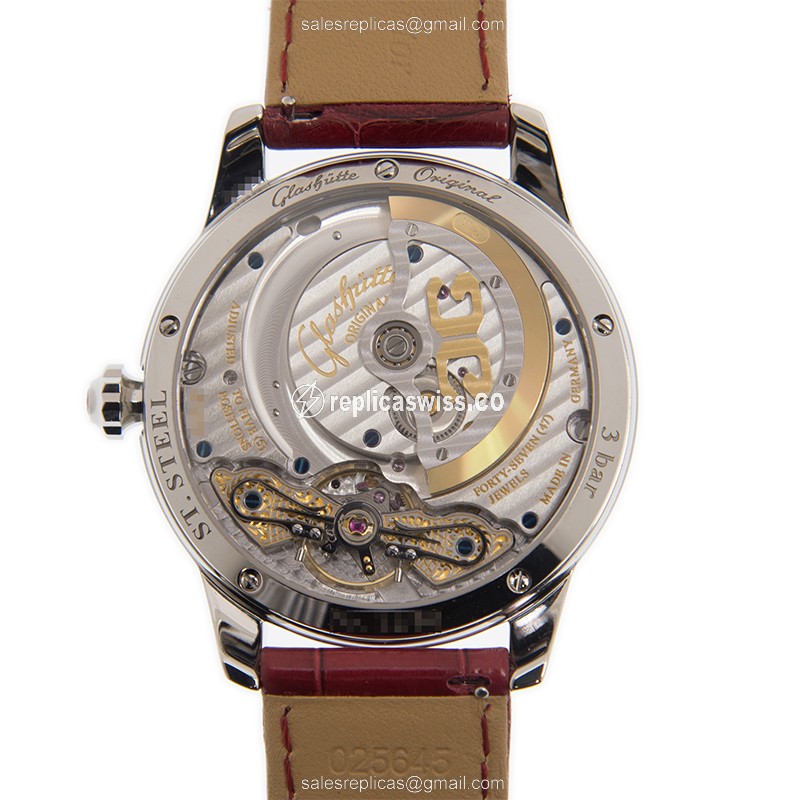 Glashutte PANO Automatic 18kt White Gold - Red Leather Strap - 42mm - View 3