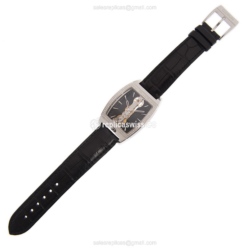 Corum Bridge Replica - Manual Wind - 18kt White Gold - Diamond - Black Dial - Alligator Strap - View 2