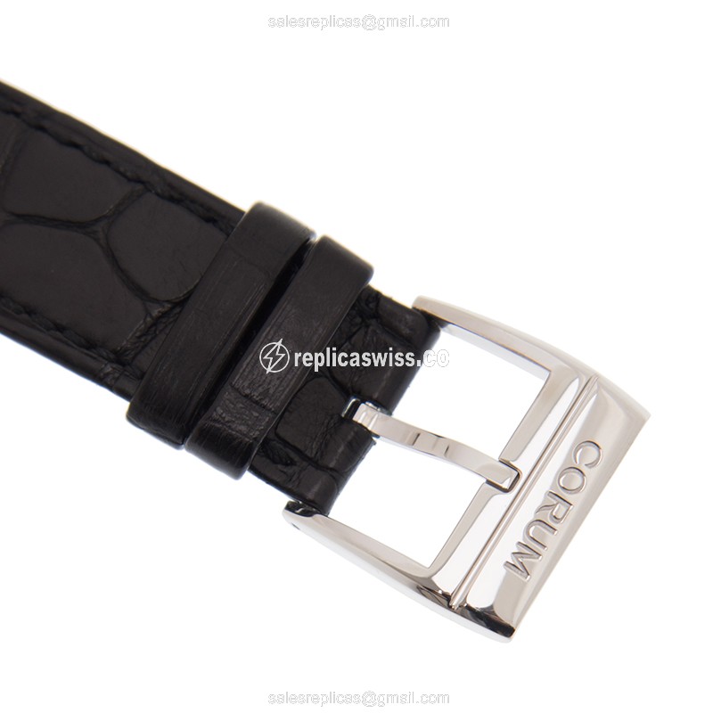 Corum Bridge Replica - Manual Wind - 18kt White Gold - Diamond - Black Dial - Alligator Strap - View 4