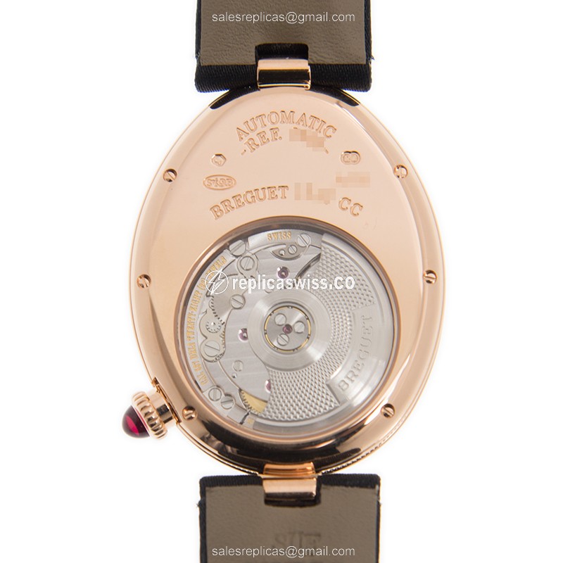 Breguet REINE DE NAPLES Replica - Auto - 18kt Rose Gold - Diamonds - White Dial - Silk Strap - View 3