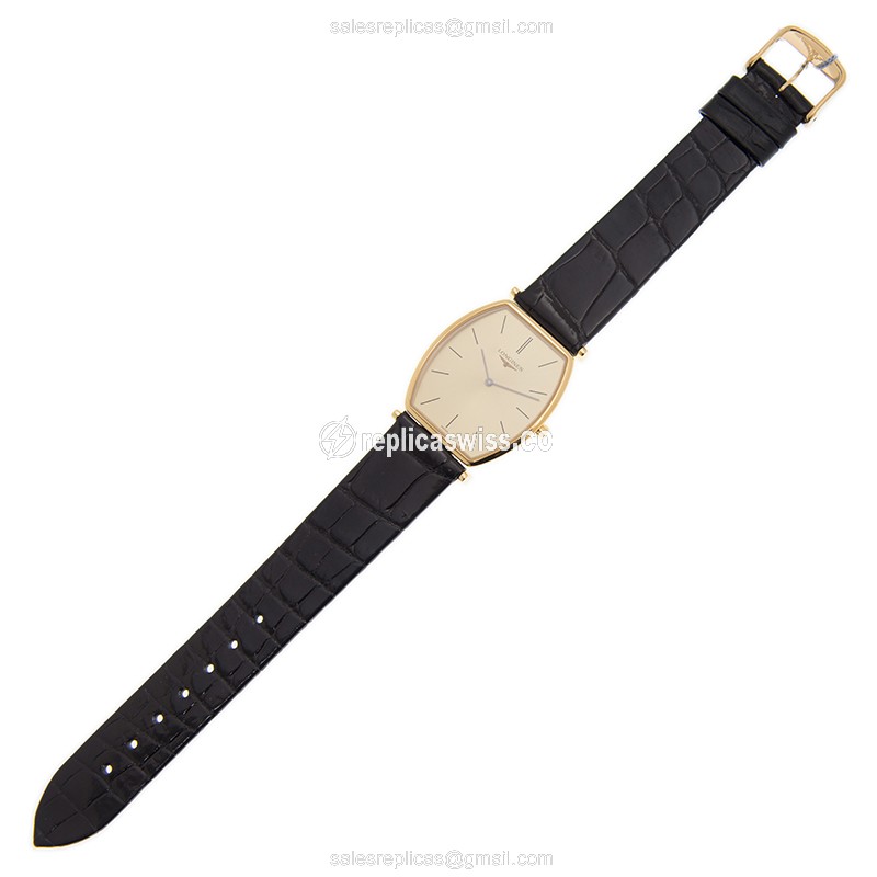 Longines L4.705.2.32.2 Replica - Quartz - 18kt Gold Case - Gold Dial, Leather Strap - View 2