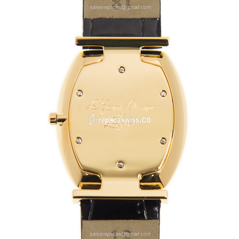 Longines L4.705.2.32.2 Replica - Quartz - 18kt Gold Case - Gold Dial, Leather Strap - View 3