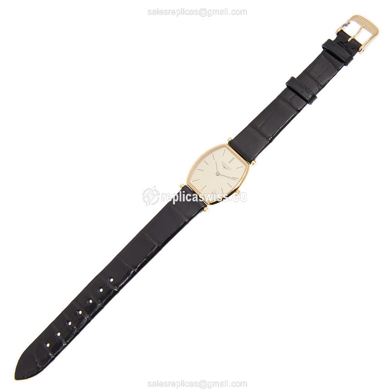 Longines L4.205.2.32.2 Replica - Quartz - 18kt Gold Case - Gold Dial on Black Leather Strap - View 2