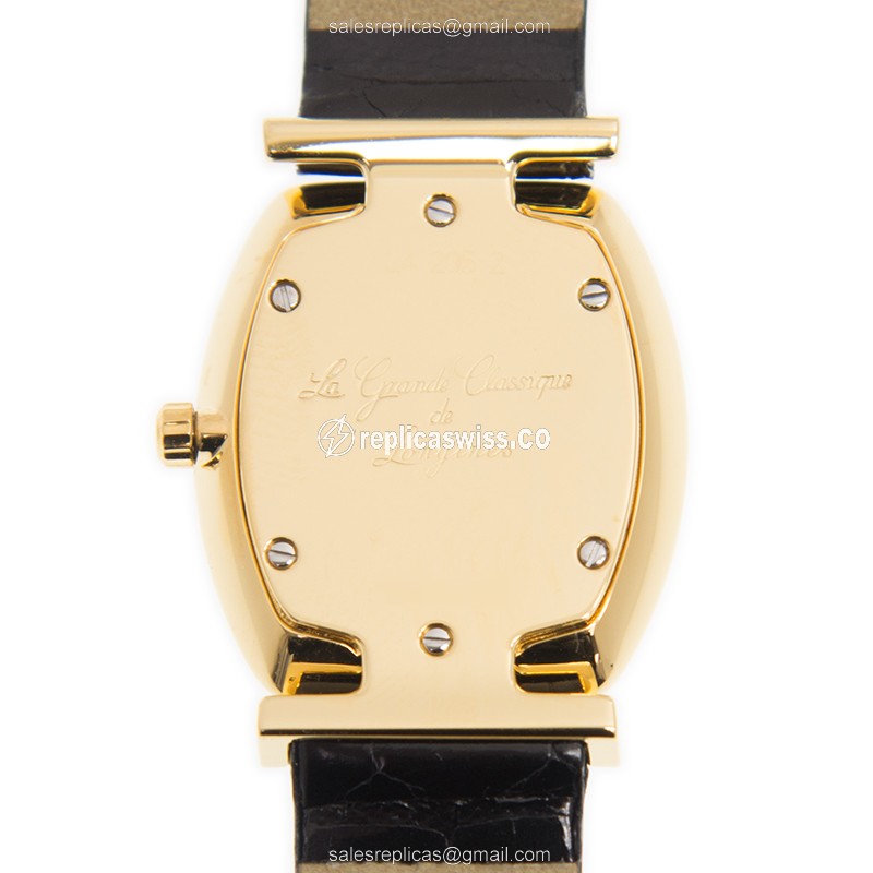 Longines L4.205.2.32.2 Replica - Quartz - 18kt Gold Case - Gold Dial on Black Leather Strap - View 3