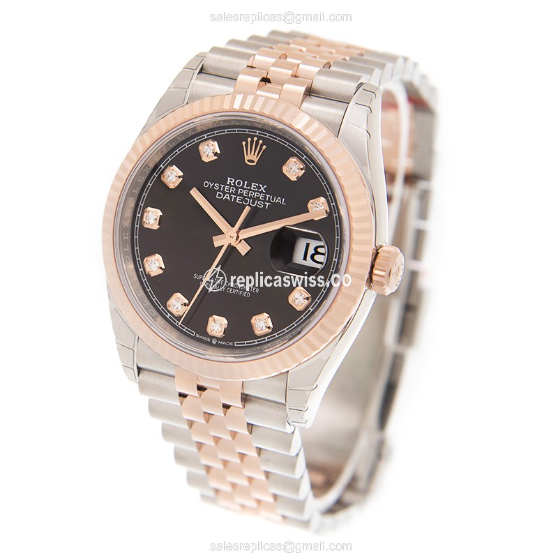 Rolex Datejust Replica - Automatic - 18kt Rose Gold & Steel Case - Black Dial on Gold Strap - View 3